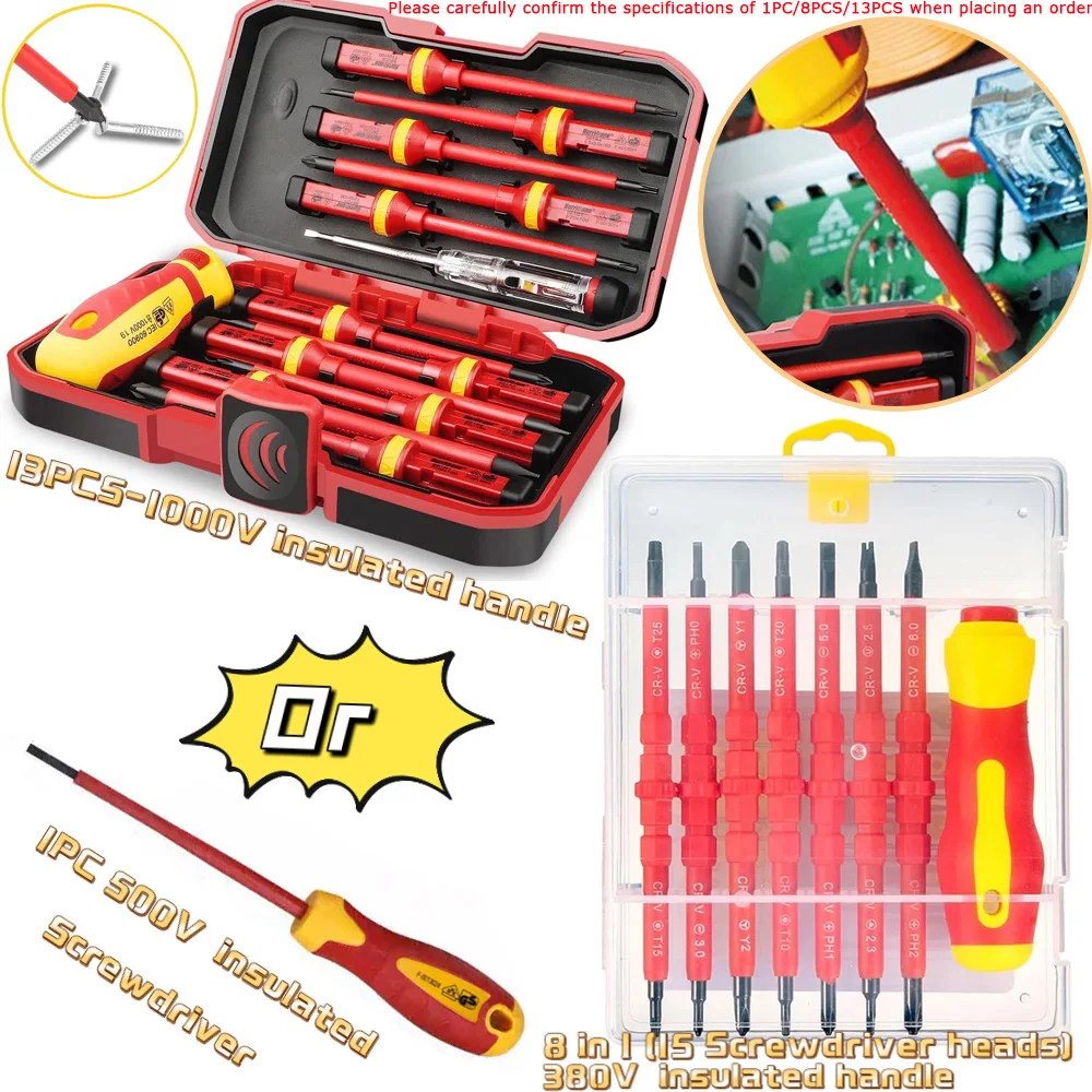 1PC/15PCS 380V/13PCS 1000V Changeable Insulated Screwdriver Set And Magnetic Slotted Bits Repair Tool Electrician Tools