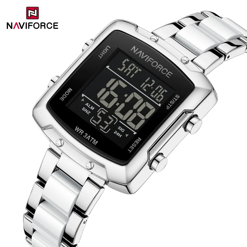 

NAVIFORCE женские повседневные квадратные цифровые ЖК-часы с освещением, секундомер, будильник, 30 м, водонепроницаемые женские элегантные часы Reloj Mujer