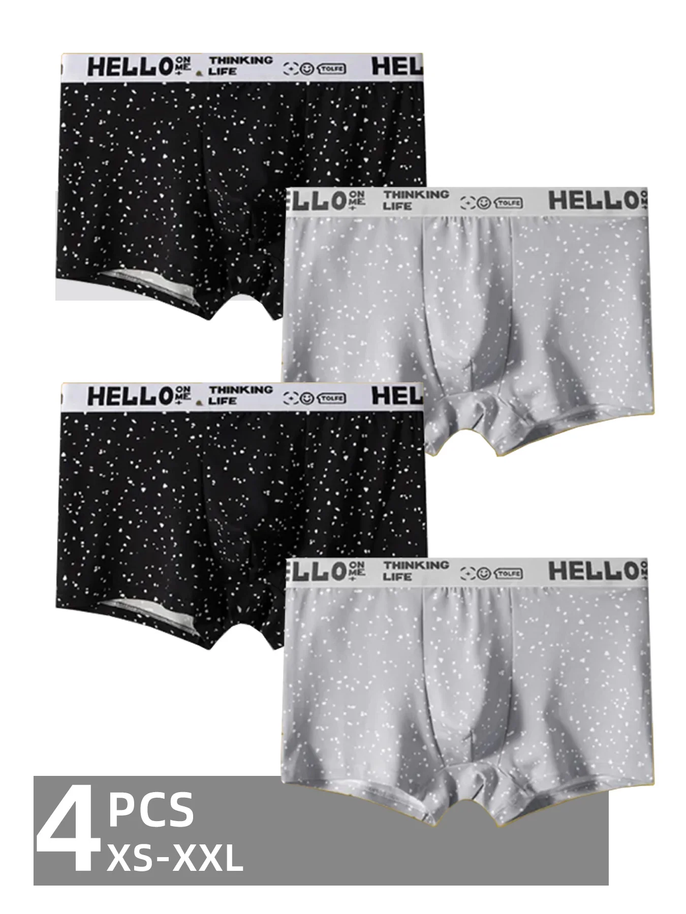 

4Pcs Men's Value Pack Boxers HELLO Thinking Life Waistband Classic Black Gray Starry Speckle Print Comfort Men Underwear XS-XXL