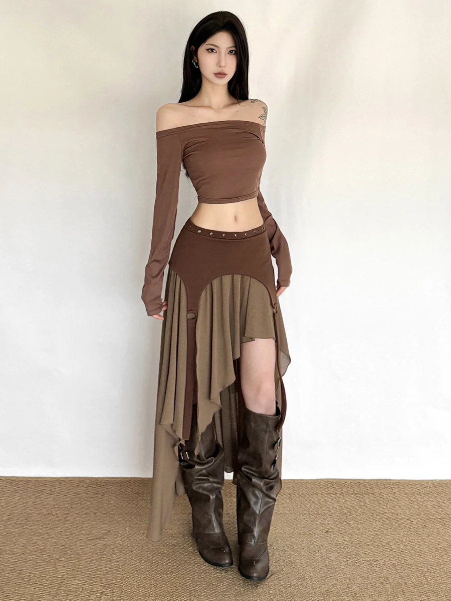 กระโปรงทรงเอวสูงสไตล์เรโทร ดีไซน์แปลกตา ทรงพลิ้วไหว กระโปรงยาวทรงเอ ไม่สมมาตร ผ้าโพลีเอสเตอร์แฟชั่น