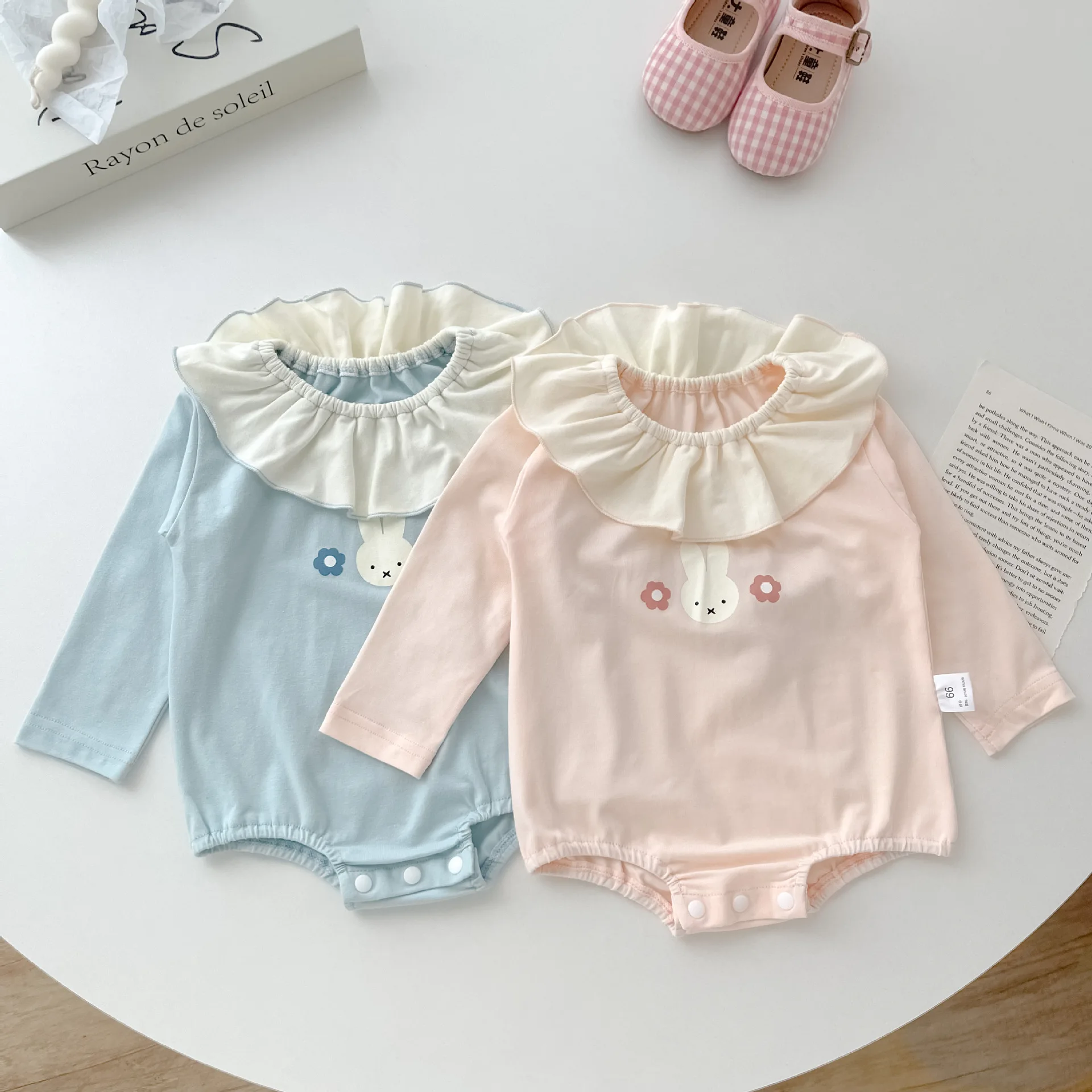 2024 Summer Ins Newborn Cartoon Rabbit Lotus Collar Short Sleeve Bodysuit Boy Girl Infant Fashion Cotton Onesie Kid Clothes