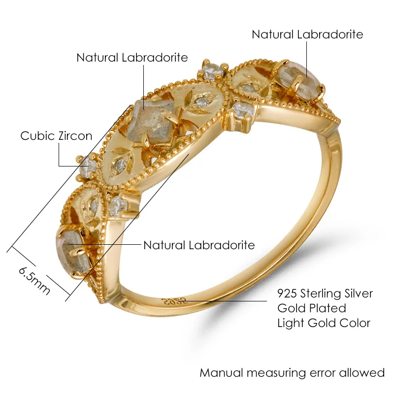 LAMOON Vintage Bijou Natrual Labradorite Gemstone Snowflake Ring For Women 925 Sterling Silver Gold Plated Fine Jewelry Gift