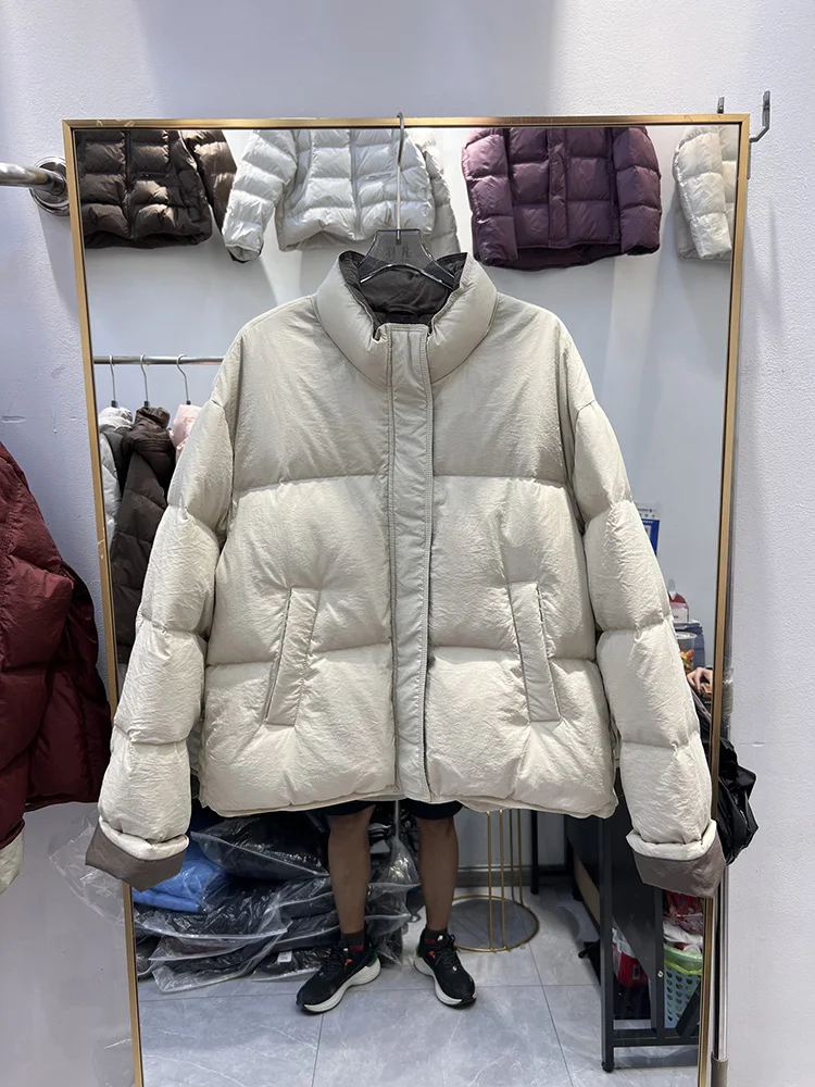 Women's Korean version contrast color fashion design loose white duck down jacket 2025 winter new short style down jacket