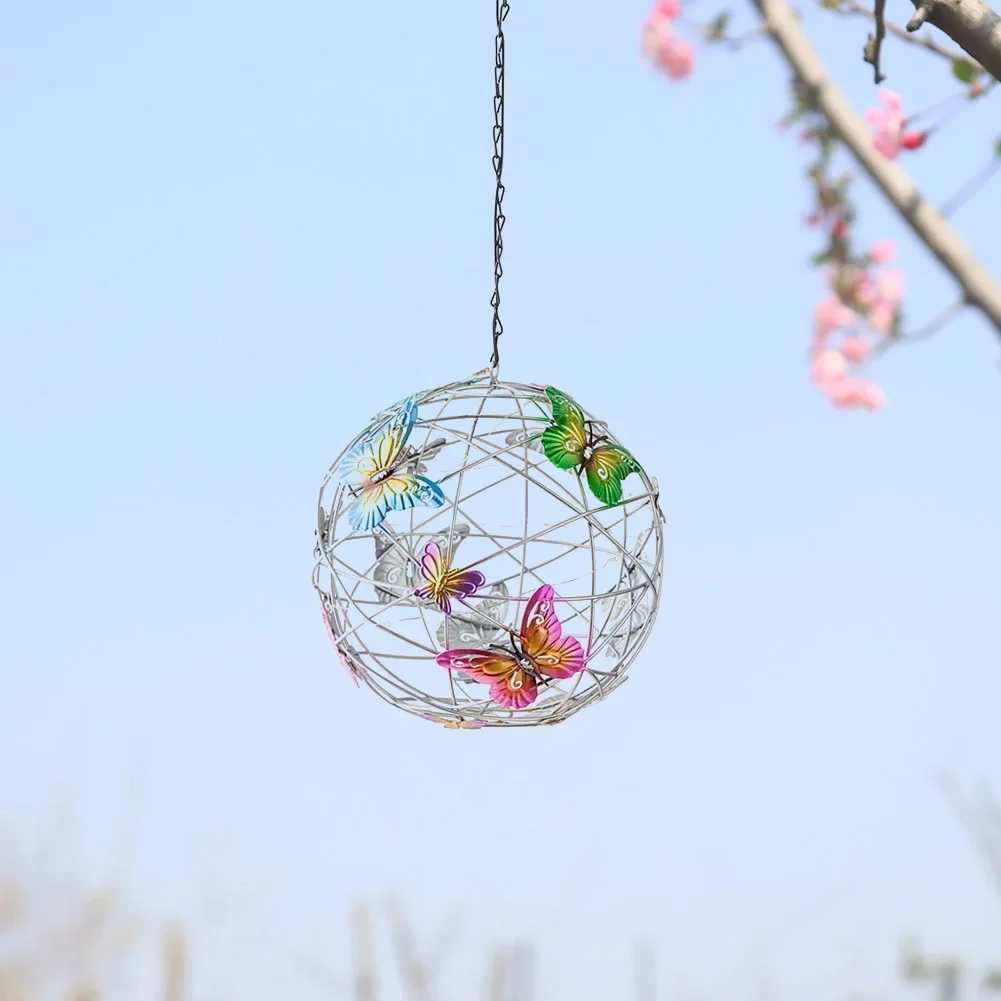 Garden Hanging Solar Light Round Ball Light With Butterfly Waterproof Metal Weaving Hanging Lamp Home Decorative Nightlight