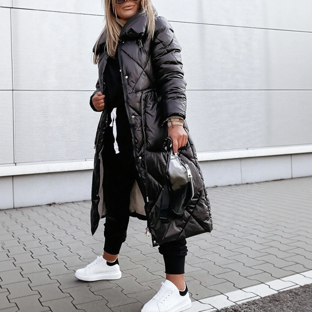 

Женское однотонное длинное пальто в корейском стиле с высоким воротом, повседневная хлопковая верхняя одежда, осень-зима