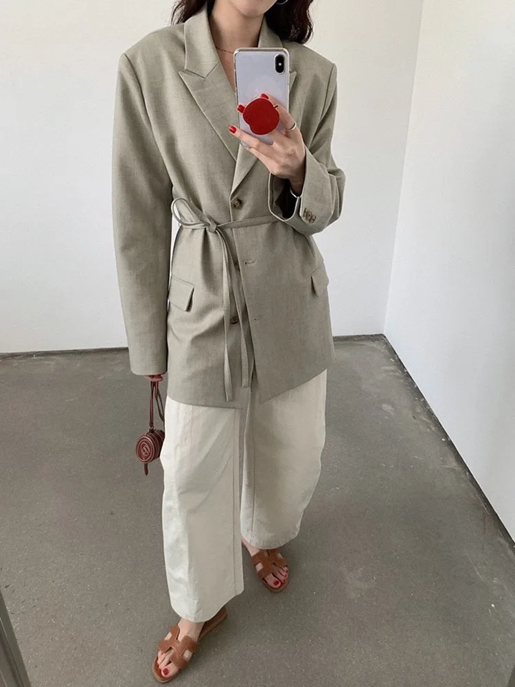 TLXT 여성 캐주얼 Balzer 노치 긴 소매 솔리드 싱글 브레스트 레이스 업 수집 허리 자켓 2025 봄 신상품 26Z1428