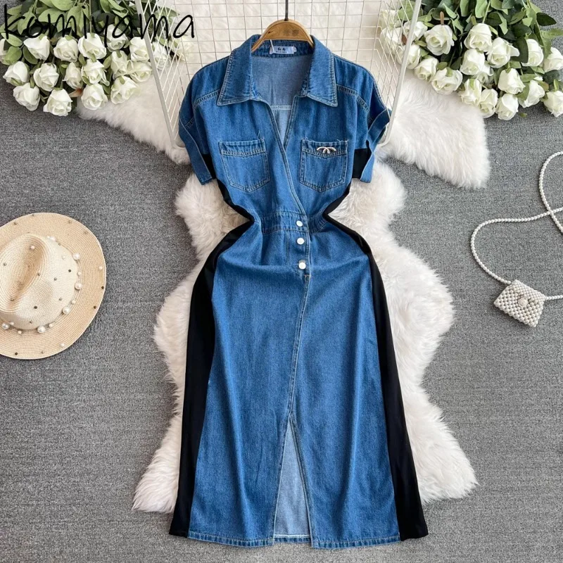 Patchwork Denim Vestidos Mujer High Waist Bodycon Split Dresses Short Sleeve Dress Laple Vestido Women 2025 Summer New Robes