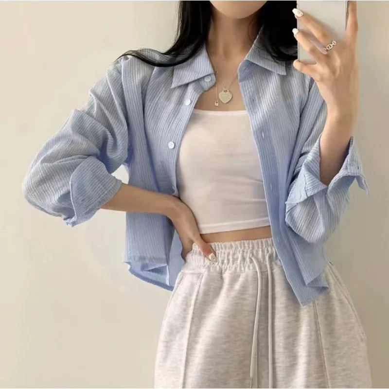 

Chic Blue Stripe Short Blusas Shirts Women Design Bottoming Shirt Japanese Korean Lapel Single-Breasted Long Sleeve Outwear 블라우스