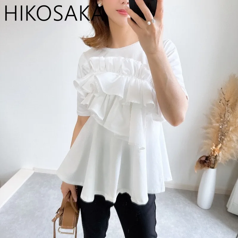 Irregular Patchwork Ruffles Sweet Chic Short Sleeve Tshirts O-neck Solid Elegant Temperament Lady Top Japanese New Casual Tee