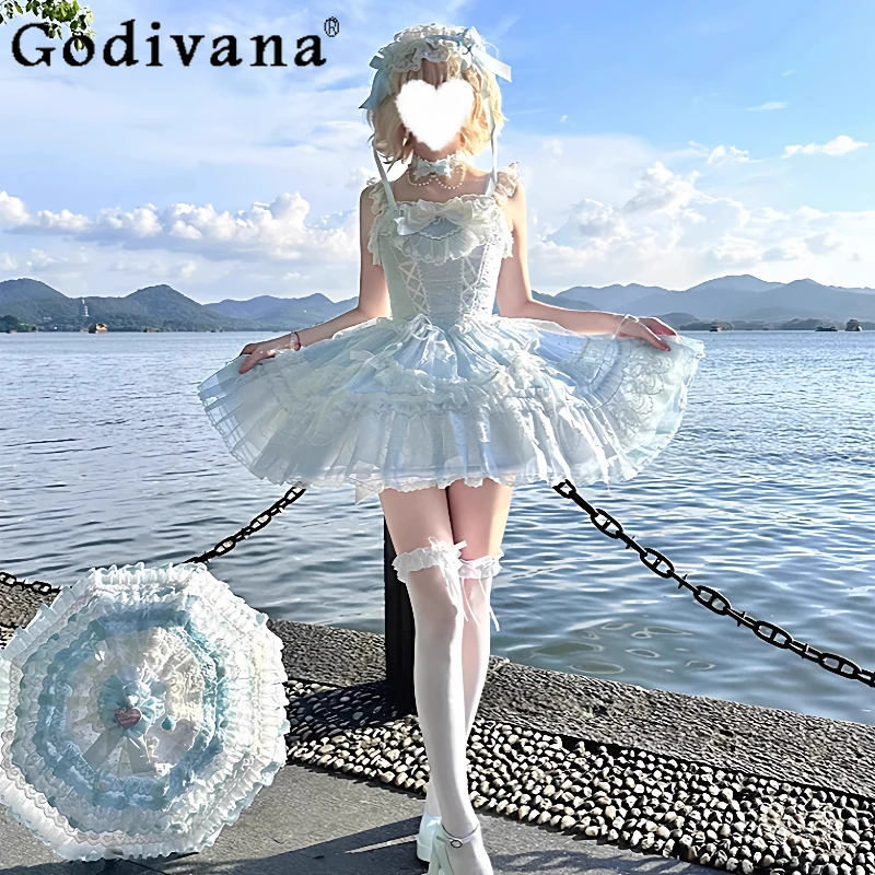 

Женское оригинальное повседневное милое платье в стиле Лолиты, летнее сине-белое милое платье принцессы для девочек, балетное платье с пышным тортом в стиле Лолиты