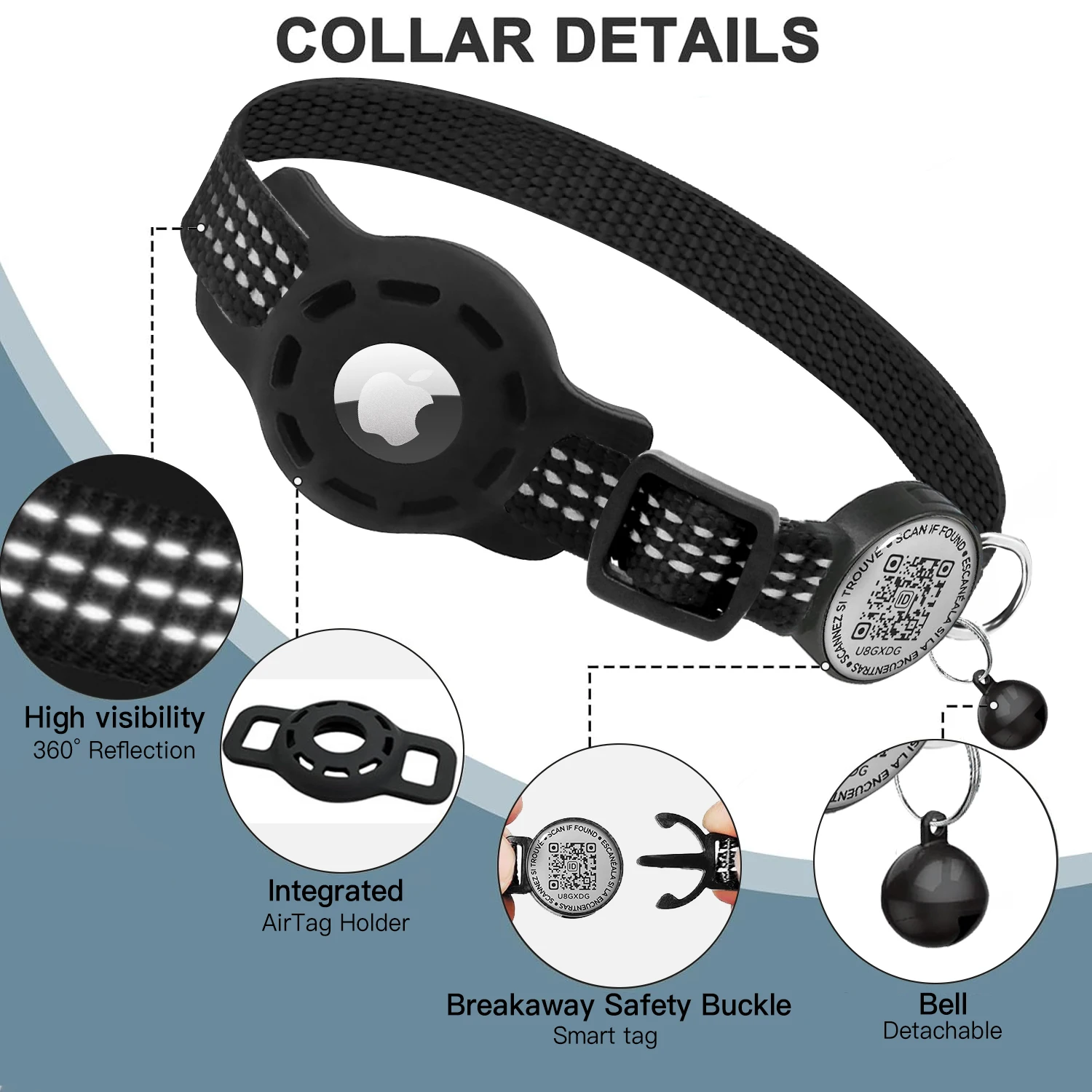 Cat GPS Collar with QR Code Tag & Airtag Case  Reflective Apple Tag Cats Collar for Tracker Pet Breakaway Air Tag Kitten Collar