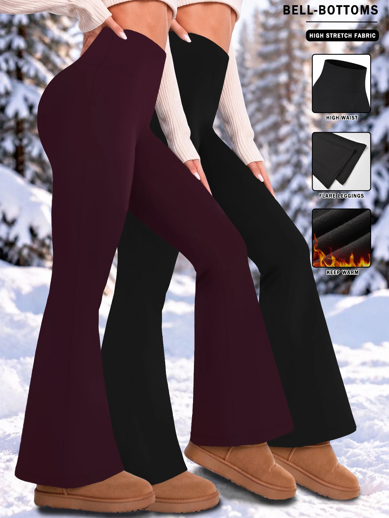 2 pcs High Waisted Fleece lining Flare Leggings for Women - Super Soft Pants with Tummy Control, Perfect for Yoga Practice