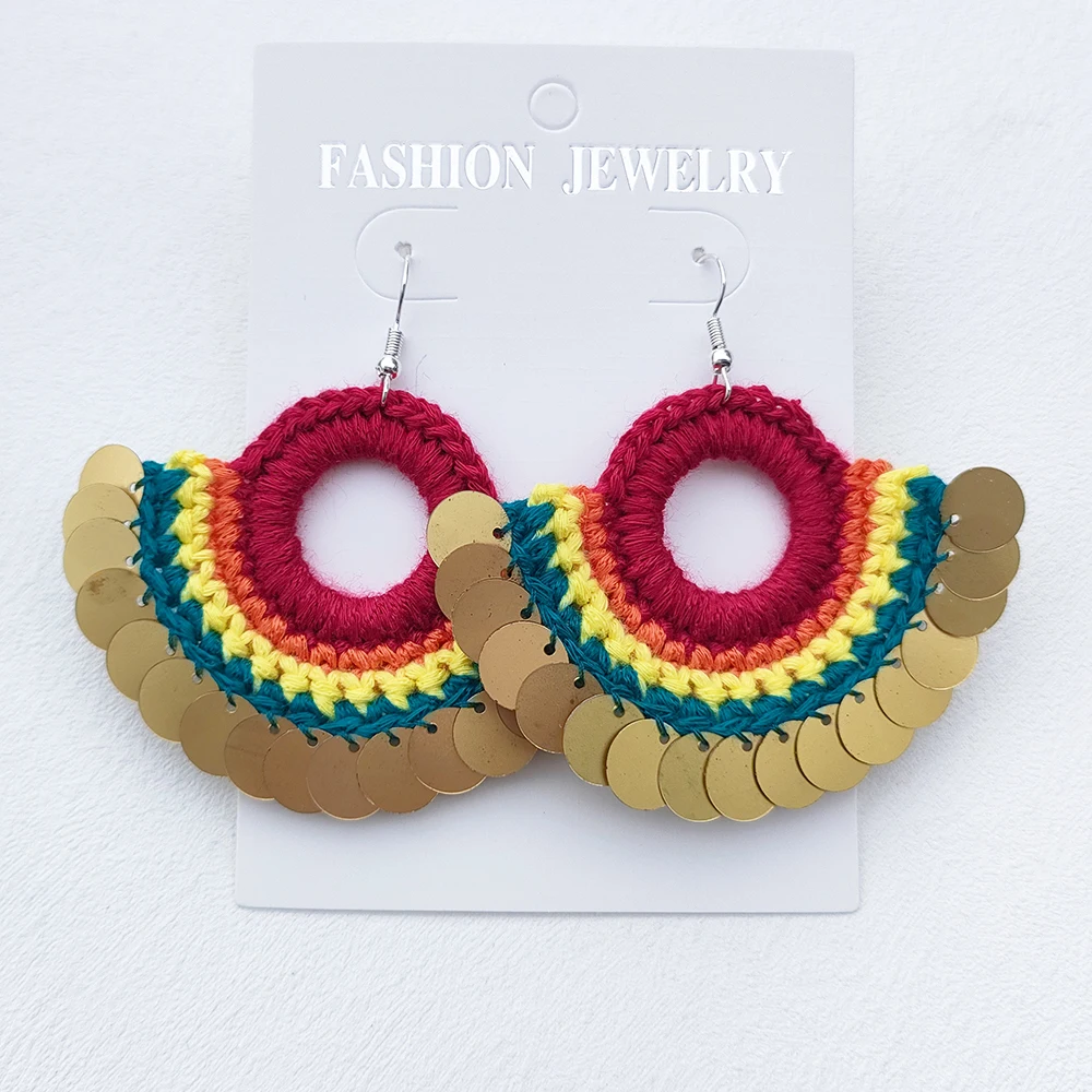 2024 Original Woman\'s Crochet Rainbow Sector Earrings With Sequins New Fashion Boho Dangle Drop Earrings