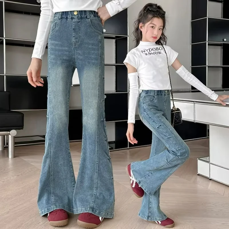 

New Fashion Children's Flared Jeans Teen Girls Pnats Vintage Denim Trousers for Kids 4-14 Years Old
