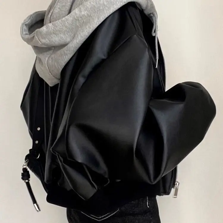 

Korean High-end Black PU Leather Jacket Women Fashion Hooded Loose Spring Autumn Zipper Fake Two-Piece Versatile Outerwear
