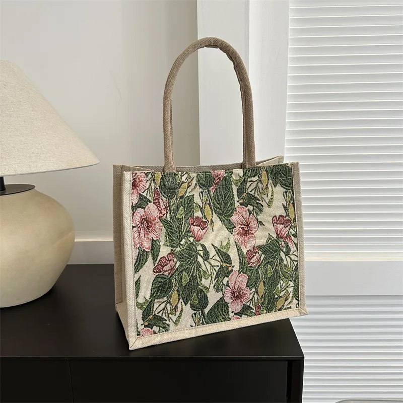 

Linen Button Vintage Handbag Women Tote Large Capacity Grocery Bag Gift Bag Beach Organizer Portable Shopping Lunch Bag Retro