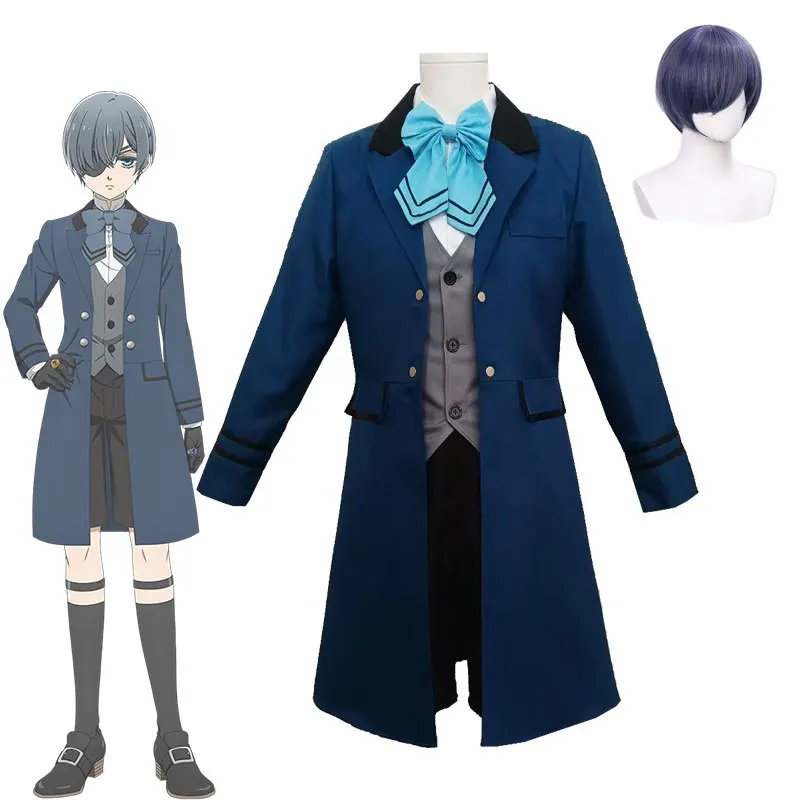 Anime Black Butler Ciel Phantomhive Cosplay Costume Wig Vest Coat Blue Uniform Set Comic Con Disguise Halloween Party Clothing