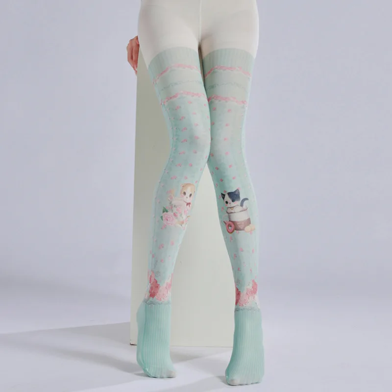 

Cute Cartoon Cat Printing Pantyhose Lolita Style Anime Manga Culture Sweet Girly Love Flower Velvet Tights