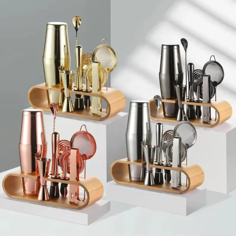 Factory Stainless Steel Barware Kit Bartender Tools Set Boston Cocktail Shaker Travel Gift Bamboo Stand-Premium Metal