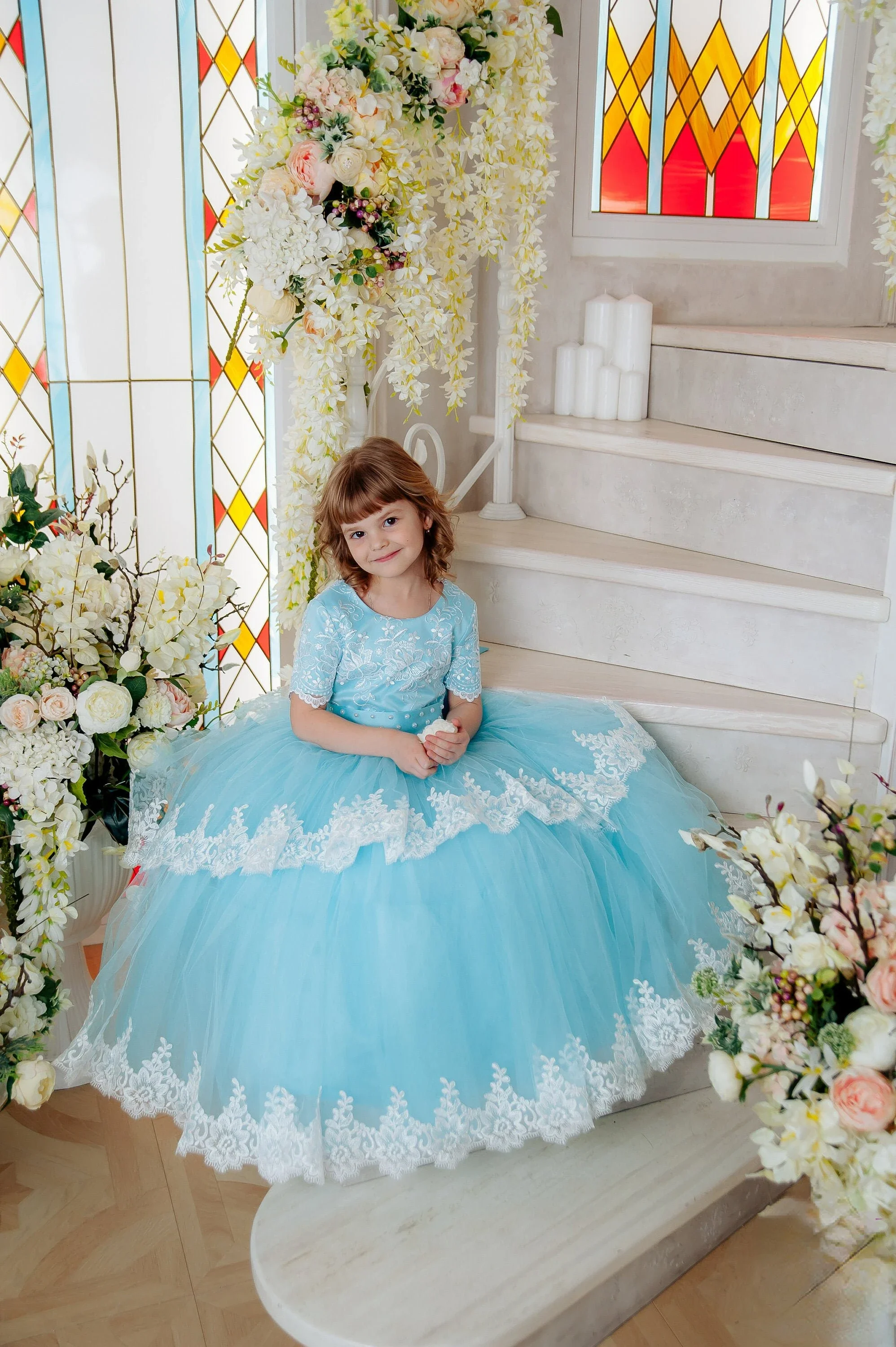 Flower Girl Dress Lovely Blue Fluffy Lace Printing Ball Little Princess Gown for Weddings Dresses Pageant Customised Gowns