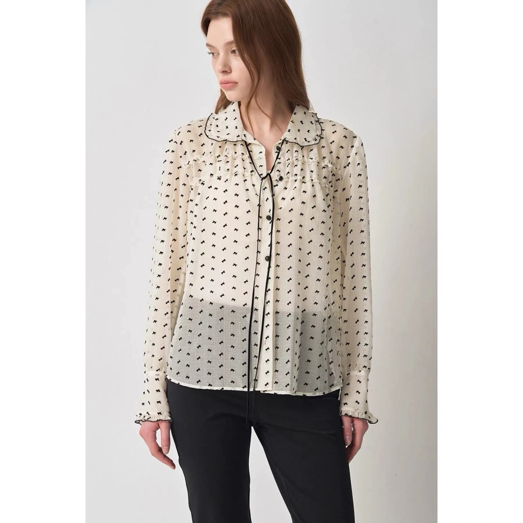 

Lemon Cheese Spring 2026 Korean Style Shirt Set with Bow Tie Velvet Material Sweet Match Long Sleeve Straight Cut Commute Style