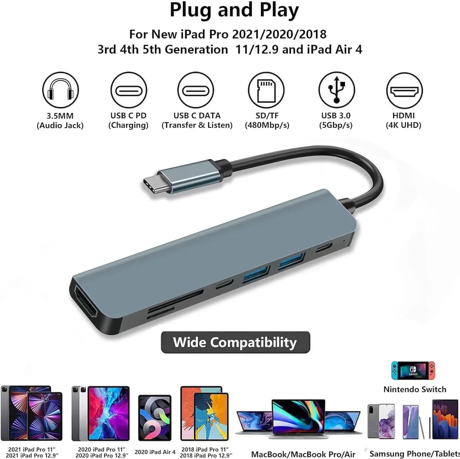 Adapter USB 8 w 1 Typ C 3.1 do 4K HDTV z czytnikiem kart SD TF RJ45, szybkie ładowanie PD do Macbooka, notebooka, komputera. — zdjęcie produktu 4