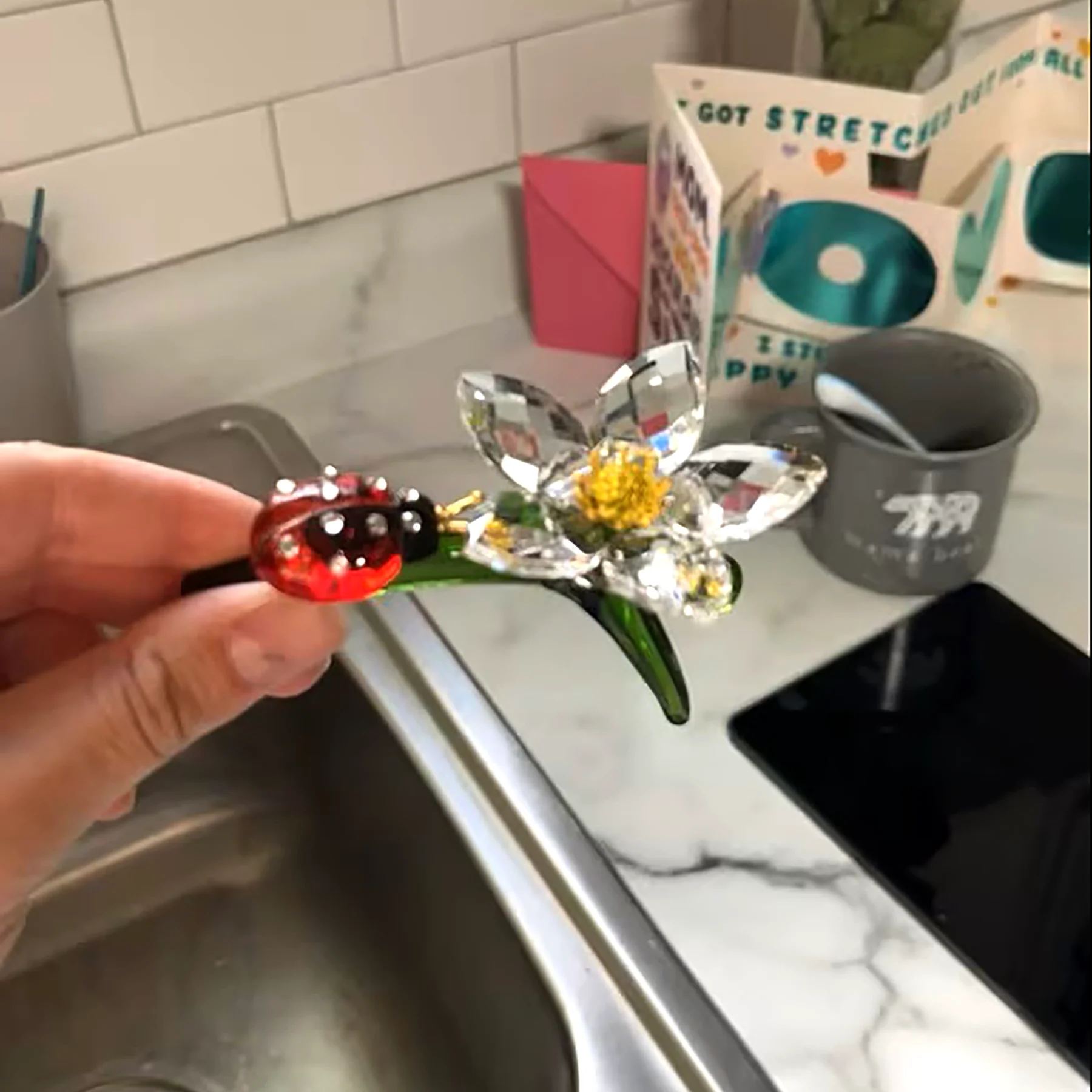 Ladybug & Crystal Flower Glass Ornament - Handmade Indoor Outdoor Decor, Sparkling Gift for Christmas, Valentine's, Mother's Day