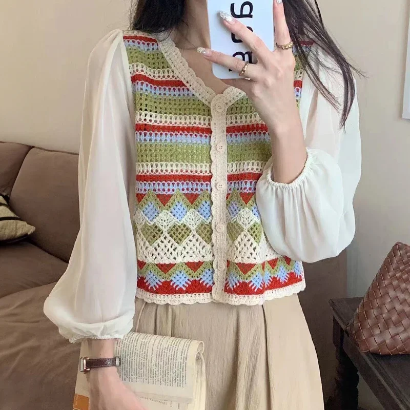 Women Crochet Top Boho Multicolor Striped Chiffon Sleeve Button Front Open-knit Blouse Fairycore Spring Summer Beach Wear