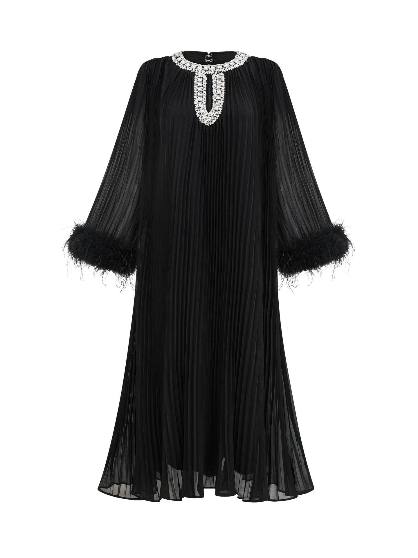 

European and American round neck diamond pleated long skirt solid color gentle temperament sparkling diamond dress-GZMM488