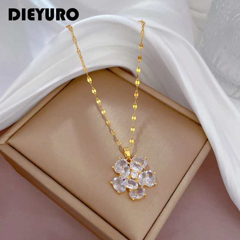 

DIEYURO 316L Stainless Steel Exaggerated Oval Zircon Flower Pendant Necklace For Women Fashion Girls Clavicle Chain Jewelry Gift