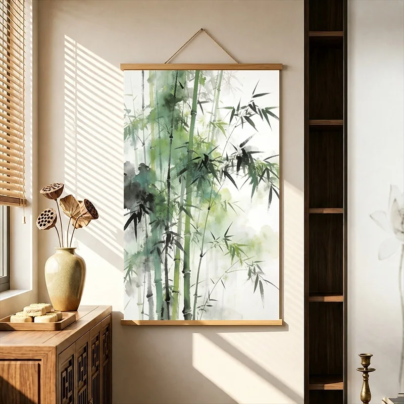Wall Decor Bamboo Groves in Soft Green Ink, Zen Minimalism Pearlescent Canvas Wall Hanging Scroll for Tea Ceremony Room Interior