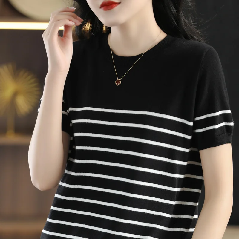 

2023 Summer Short Sleeve Striped T-shirt Women's Knitted Basic Casual Top Women's Comfortable Loose Cotton T-shirt Harajuku Shir