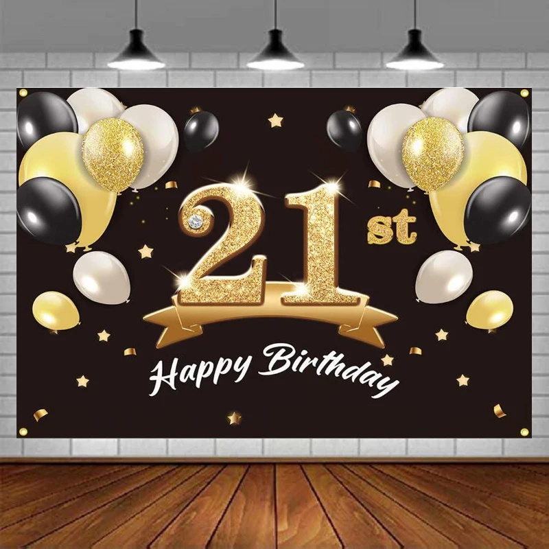 

Photography Backdrop Banner Happy 21st Birthday Party Background Decorations Supplies For Men Him - Black Gold Balloons