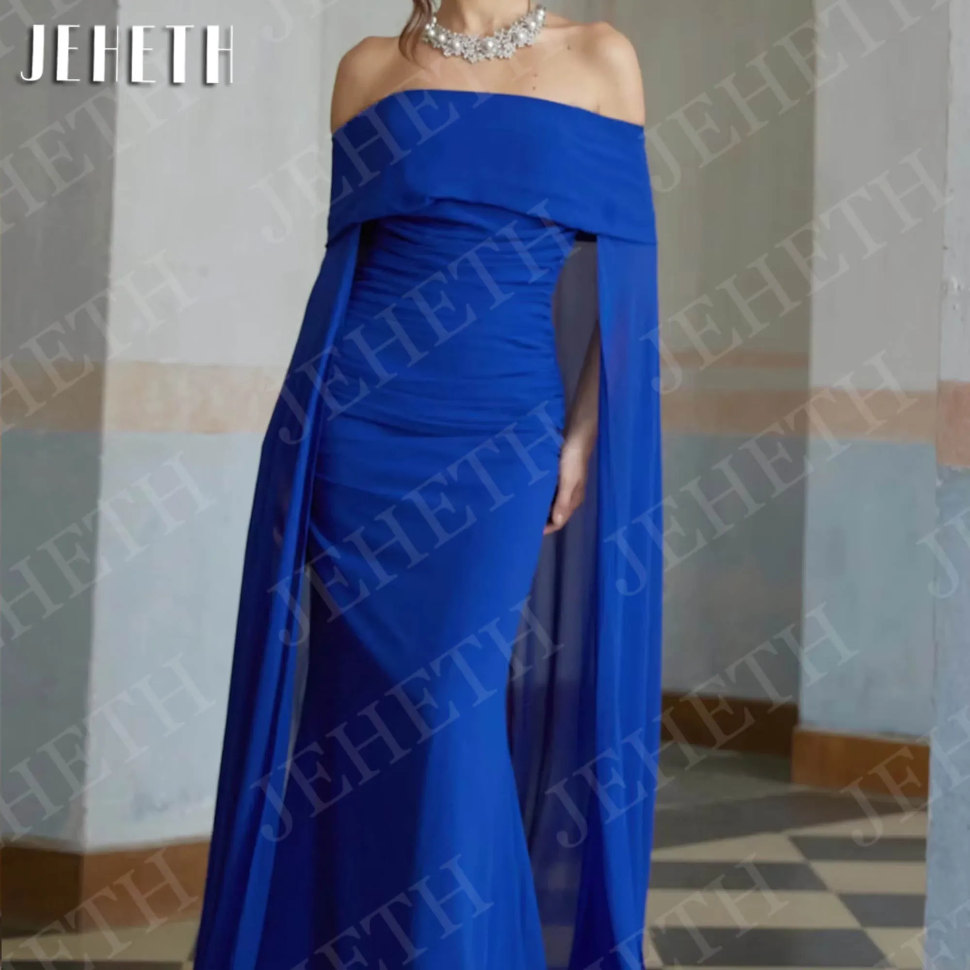 فساتين سهرة جميلة بحورية البحر من JEHETH عصرية مكشوفة الكتف من الشيفون الأزرق الملكي للحفلات الرسمية مخصصة من Fساتين سهره حورة البحر جميلة فساتين المساء الحديثة خارج الكتف الملكي الأزرق الشيفون رسمي فستان الحزب مخصصة