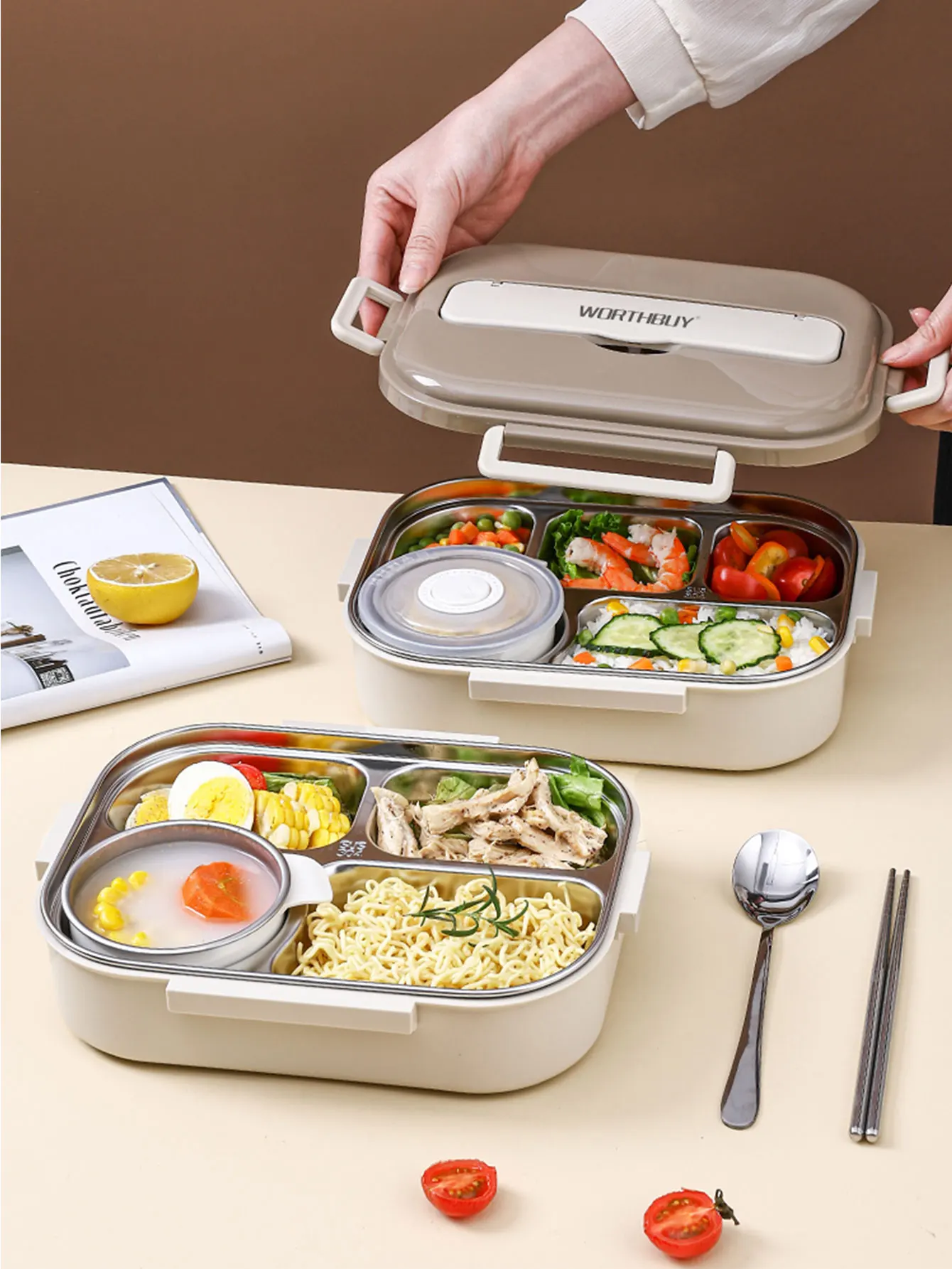 WORTHBUY 18/8Stainless Steel Lunch Box Bento Box For School Kids Office Worker Microwae Heating Lunch Container Food