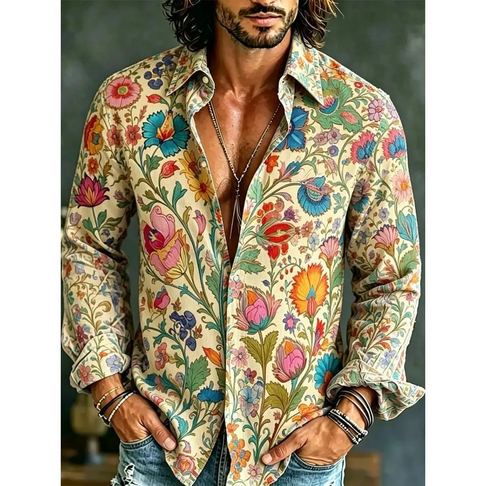 Men's 3D Art Printed Shirt Casual Retro Linen Style Long Sleeved Lapel Top Fashionable and Comfortable New Plus Size Shirt