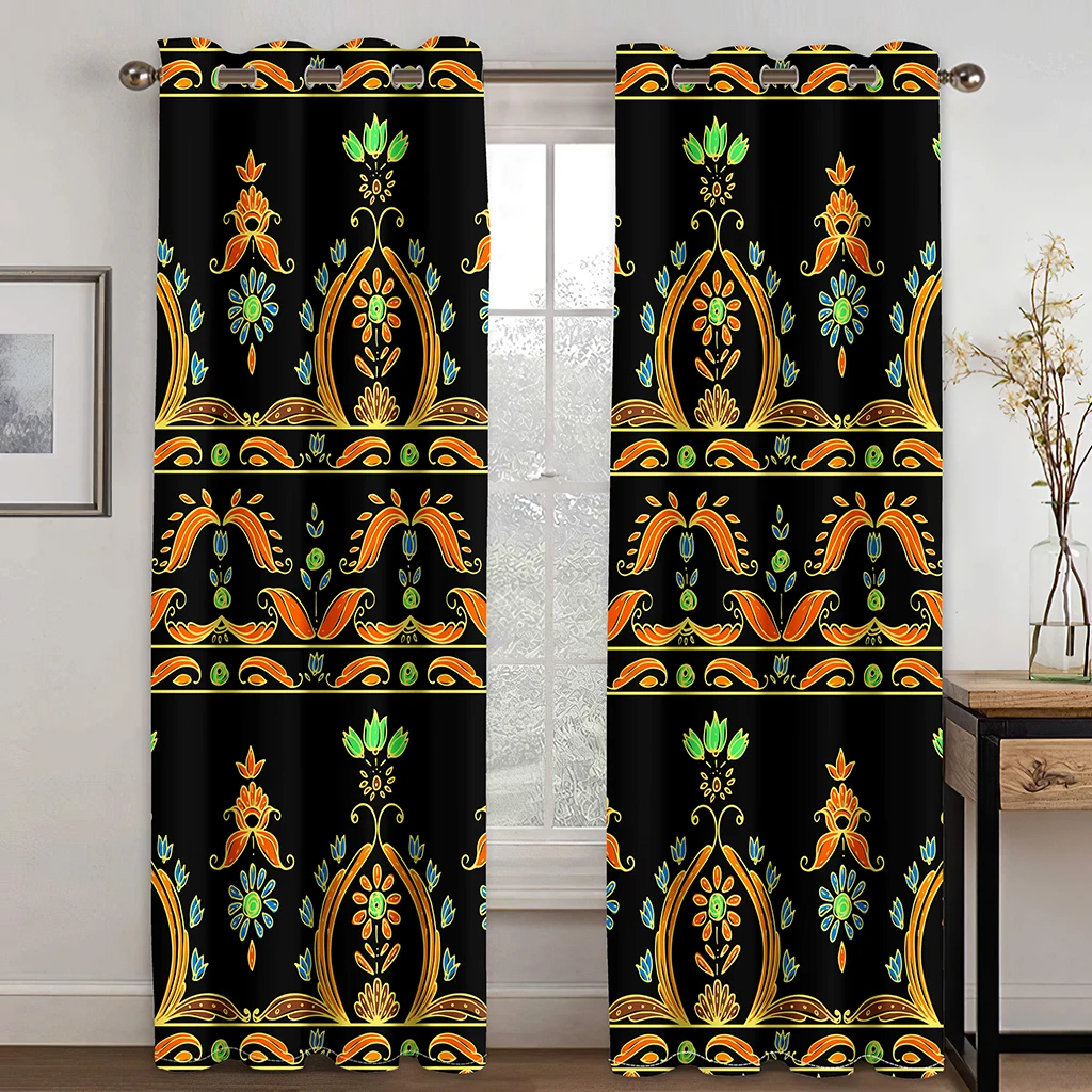 Bohemian Style Golden Pattern Color Texture Curtains 2 Panels Ethiopian Style Home Living Room Bedroom Balcony Kitchen Decor