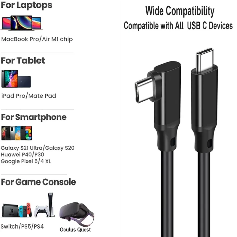 USB 3.2 Gen 2 100W VR Headset Cable 90 Degree Angle USB Type C to C Super Speed Data Transfer Charging Cord Cable