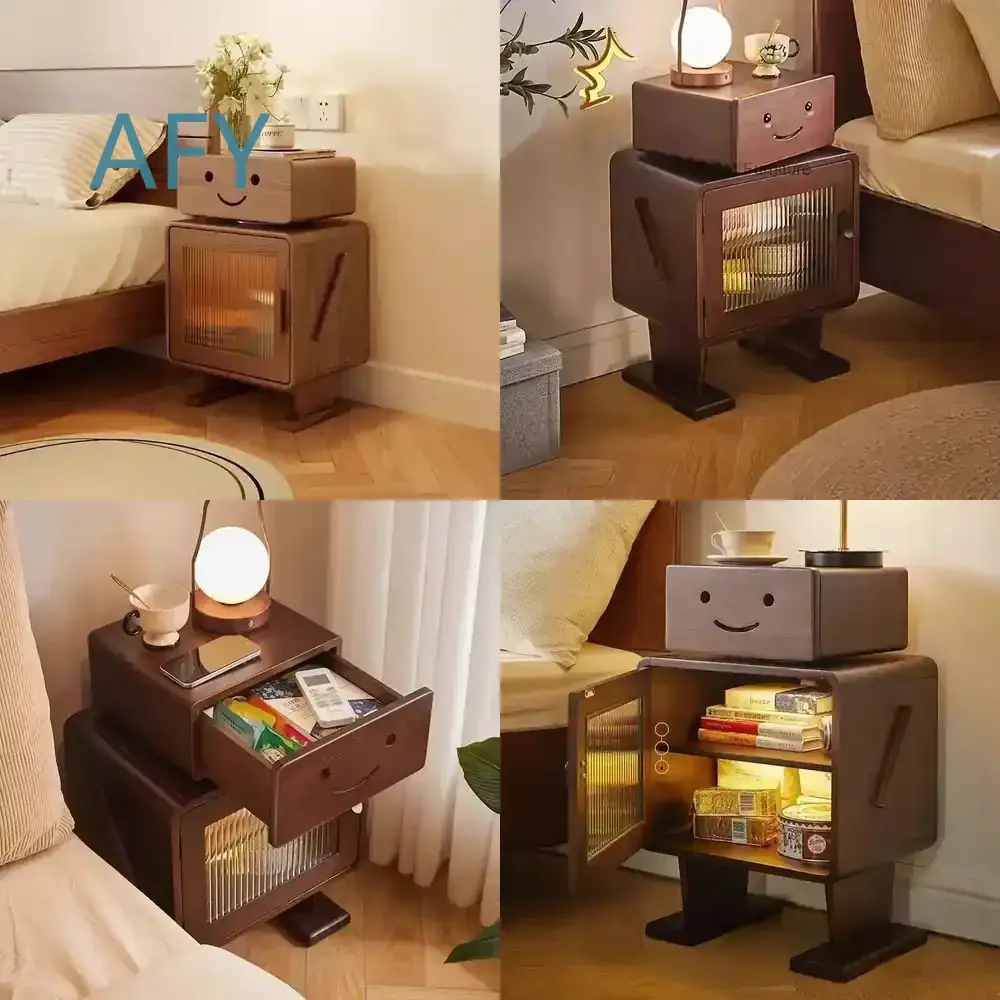Side Wooden Nightstand with Drawer and Cabinet for Bedroom Kids Room Home Decor Robot Shaped Funky Creative Table for Modern