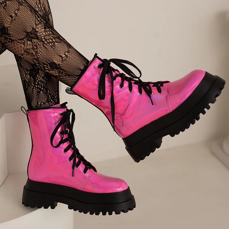 

Punk Gothic Patent PU Leather Pink Blue Gold Winter Woman Shoes Platform Flats Lace-up Western Warm Ankle Motorcycle Boots Women