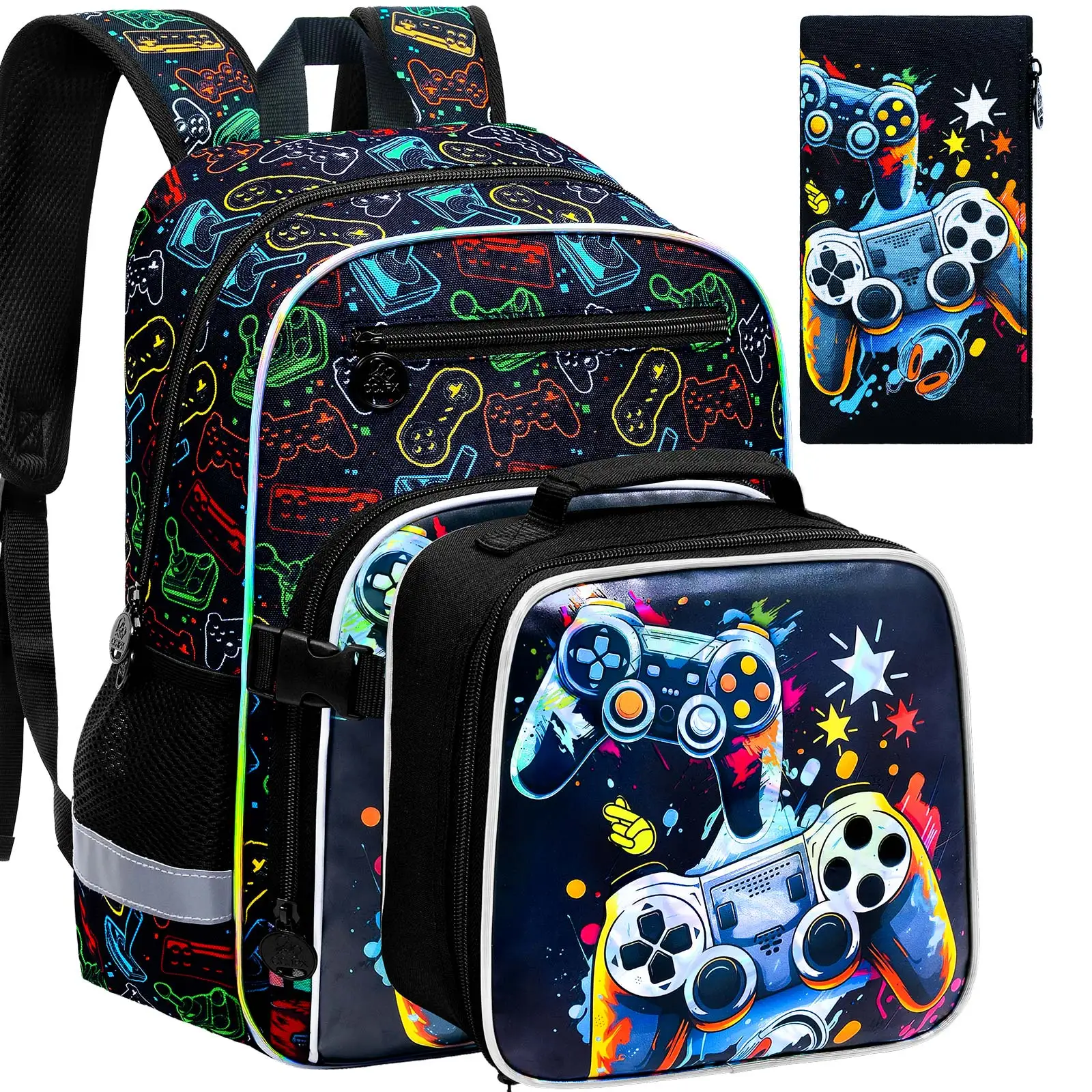 3Pcs Backpack for Boys, Cool Video Game Controller School Bag Set with Lunch Box & Pencil Case, Kids Bookbag Back to School