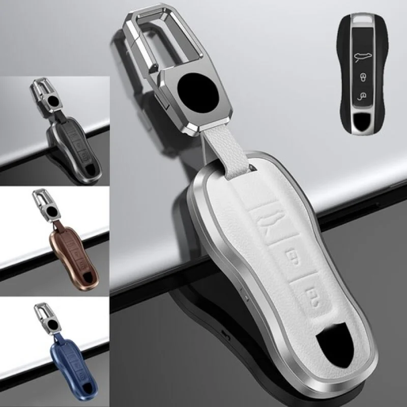 

A+ Alloy Leather Car Key Fob Case Cover Bag For Porsche Cayenne Panamera Taycan 911