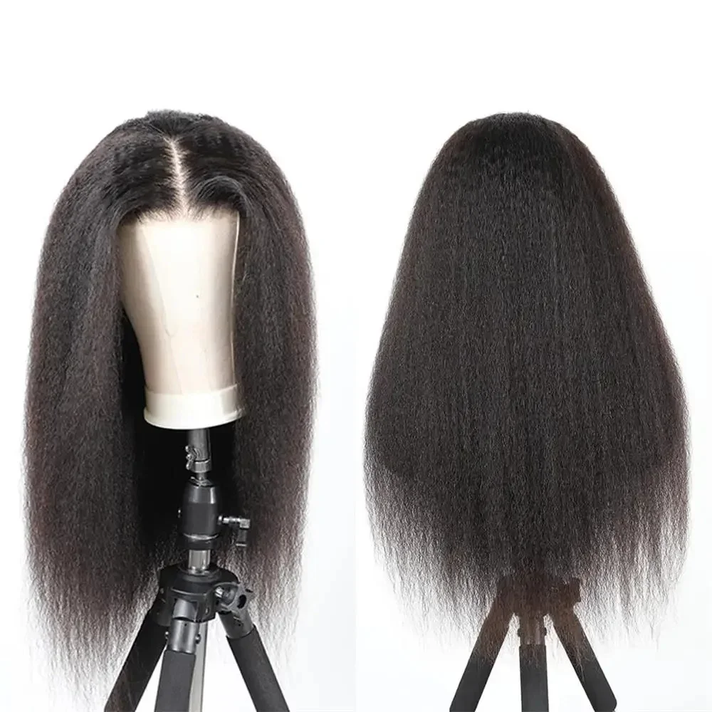 Peluca frontal de encaje liso sin pegamento para mujer, pelo de bebé prearrancado, resistente al calor, 26 "de largo, negro, Yaki, suave, 180de densidad