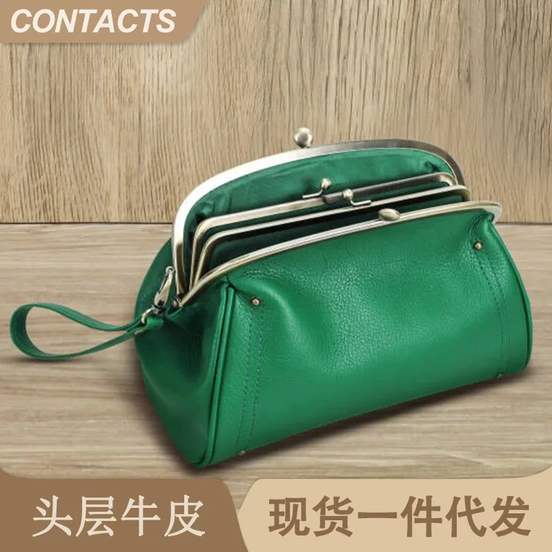 Head layer cowhine high appearance level women's premium cosmetic bag portable wrist strap leather women's pocket change purse