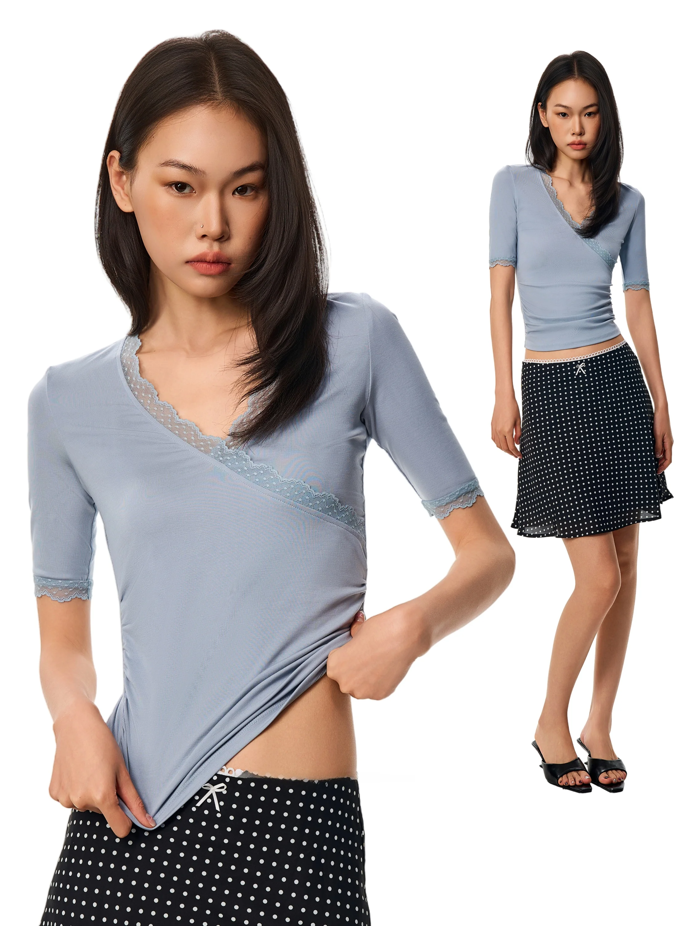 GO GO BURN American Style V-neck Lace Trim Pleated 5/4 Sleeve T-shirt Women Summer New Slimming Top Casual Style Short Sleeve