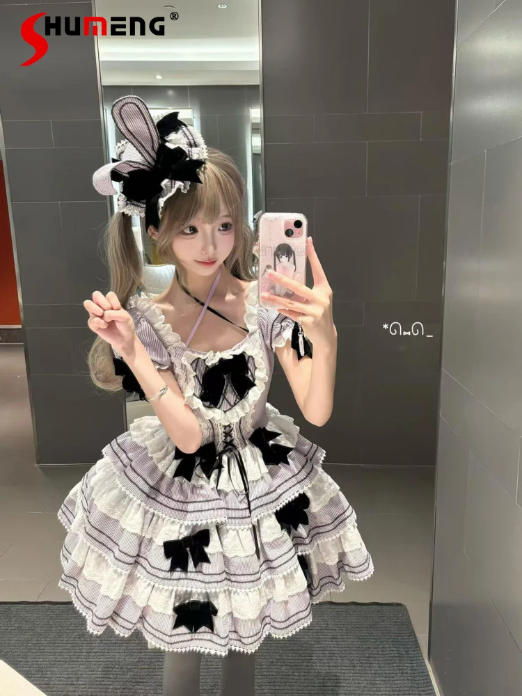

Japanese Style Sweet Cute Ruffles Lace Splicing Bow Square Neck Bubble Sleeves High Waist Slim Kawaii Puffy Lolita Dress Women