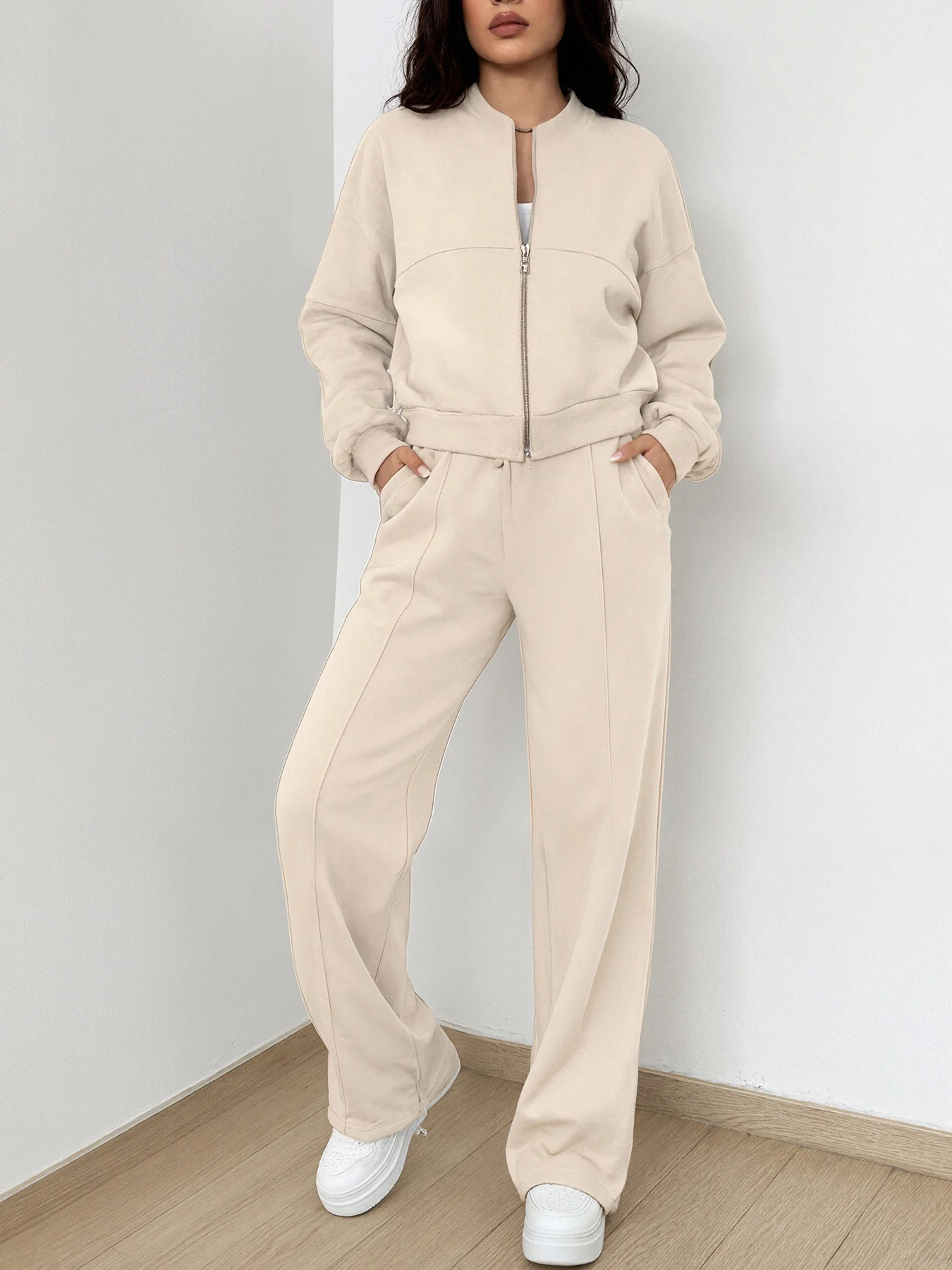 Novo conjunto feminino de duas peças esportivas e de lazer de cor sólida, lavável à máquina, adequado para uso diário