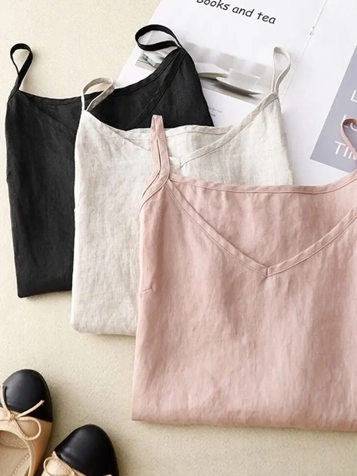 Cotton Linen Strap Vest V-Neck Summer New Large Size Loose Outerwear Inner Match Lightweight Sleeveless Top Breathable Casual