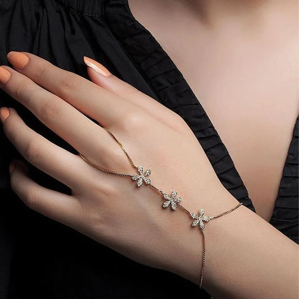 Rhinestone Flower Hand Chain Bracelet Gold Crystal Finger Ring Bracelet Adjustable Slave Bracelet for Women Wedding Prom Party