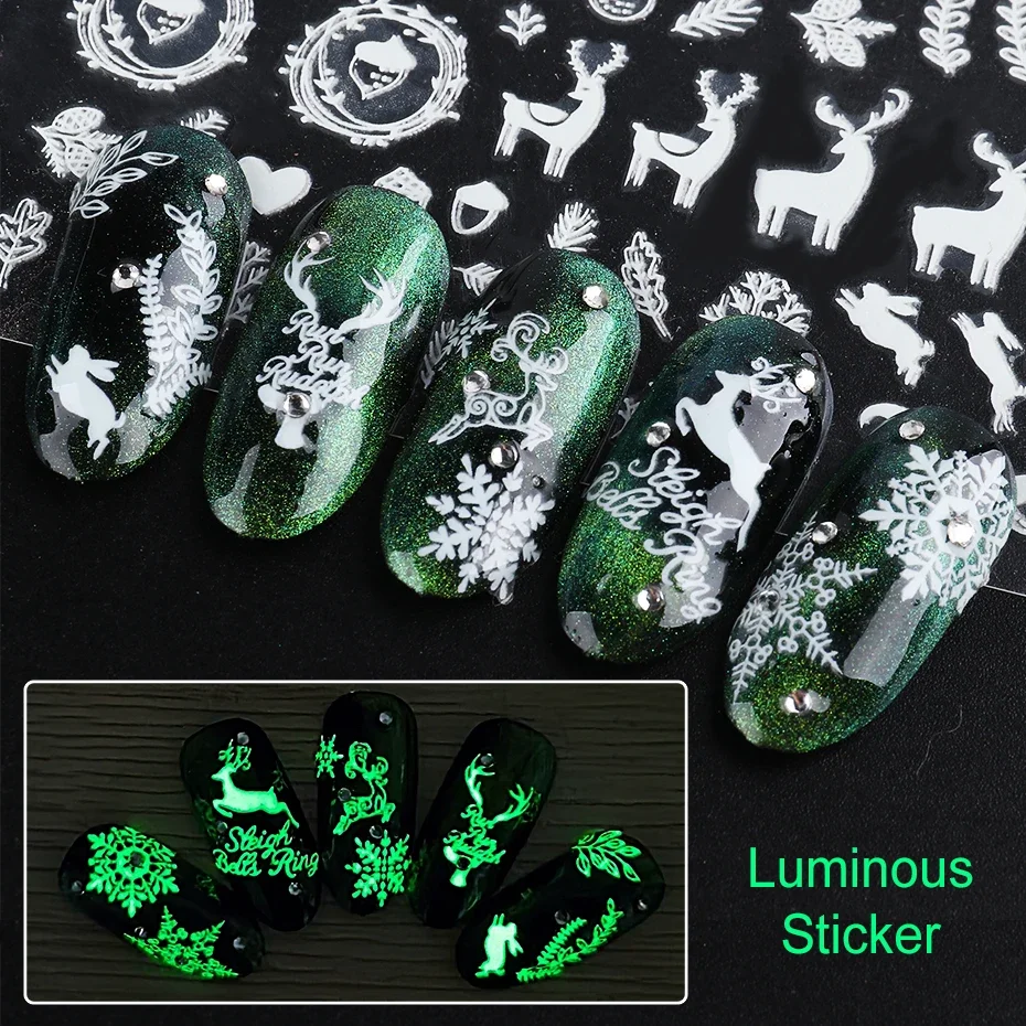 Glow in the Dark Xmas Luminous 3D Stickers Winter Snowflake Holiday New Year Sliders on Nails Art Accessories Decals BESTZY01-18